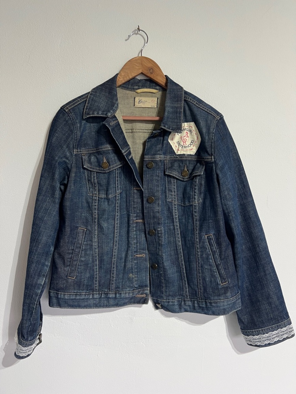 One of a kind UPCYCLED Jacket with FarmGirl Sisterhood patch and lace on cuffs.